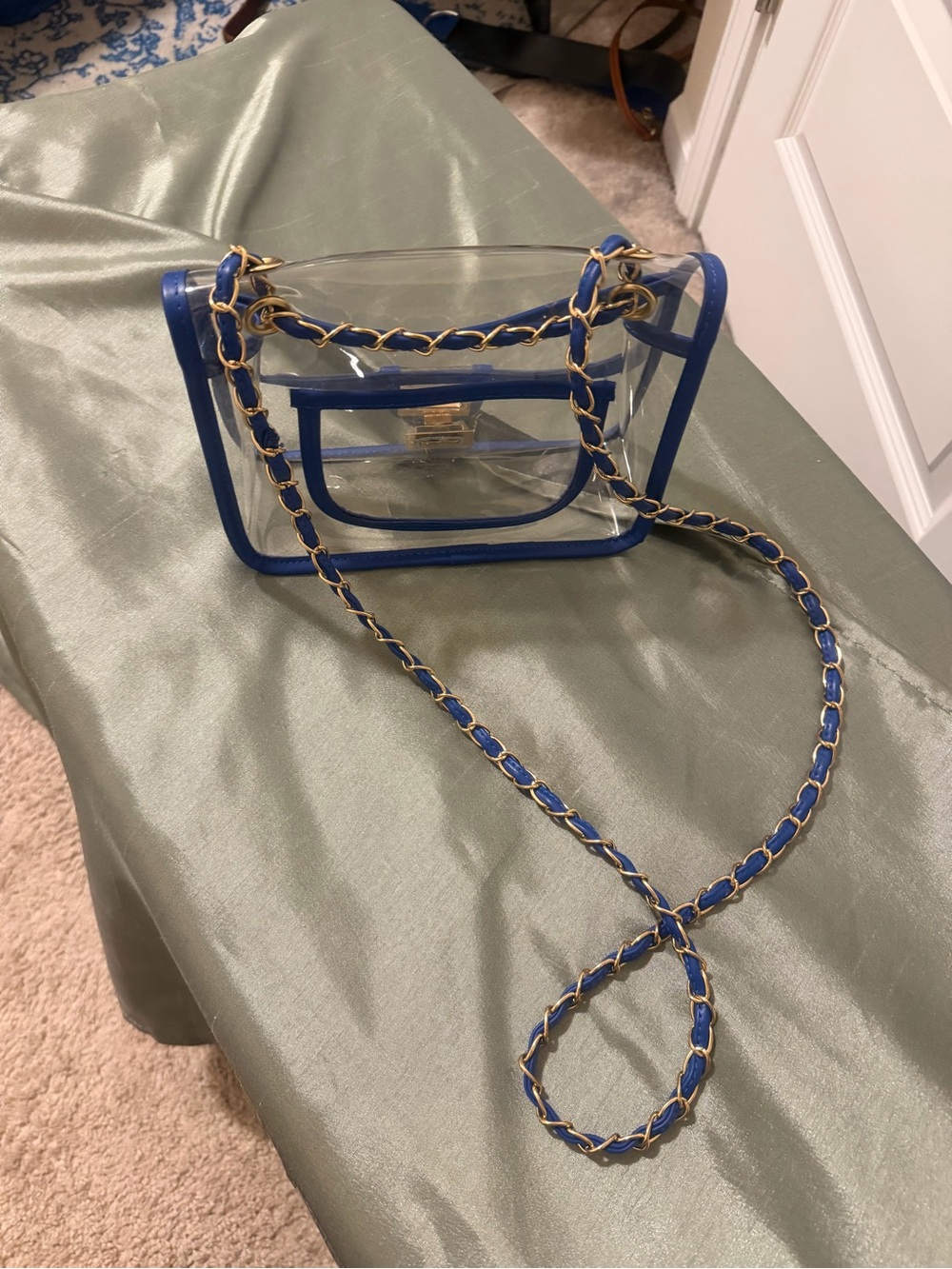 Clear Crossbody Bag with Blue Trim and Gold Chain